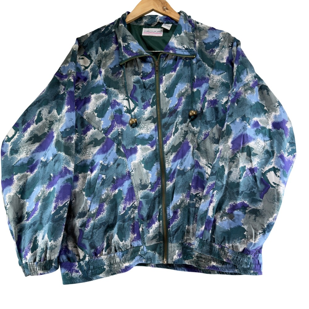Trovare Vintage 100% Silk Abstract Watercolor Bomber Jacket Blue Purple Womens M